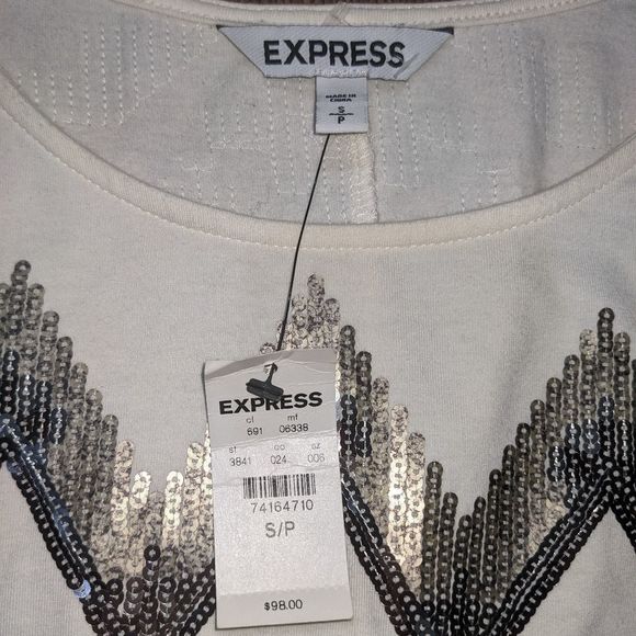 EXPRESS Women's Cream & Silver Sparkly Aztec Body Con Mini Dress. Small. - Picture 3 of 3